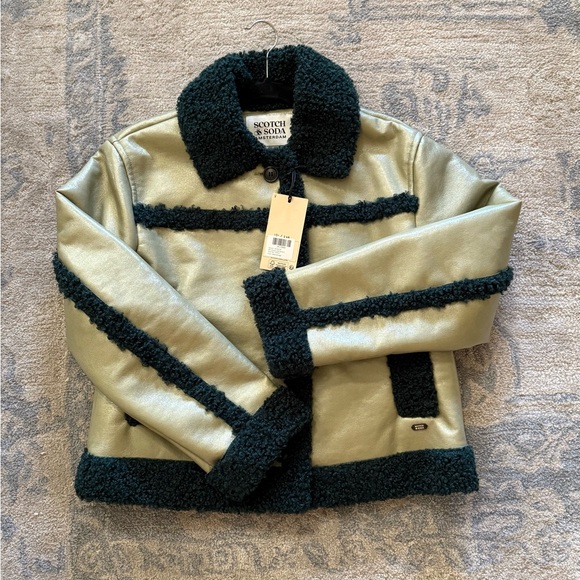 NWT Scotch & Soda Green Faux Shearling Faux Leather Aviator Bomber Jacket - Picture 6 of 6